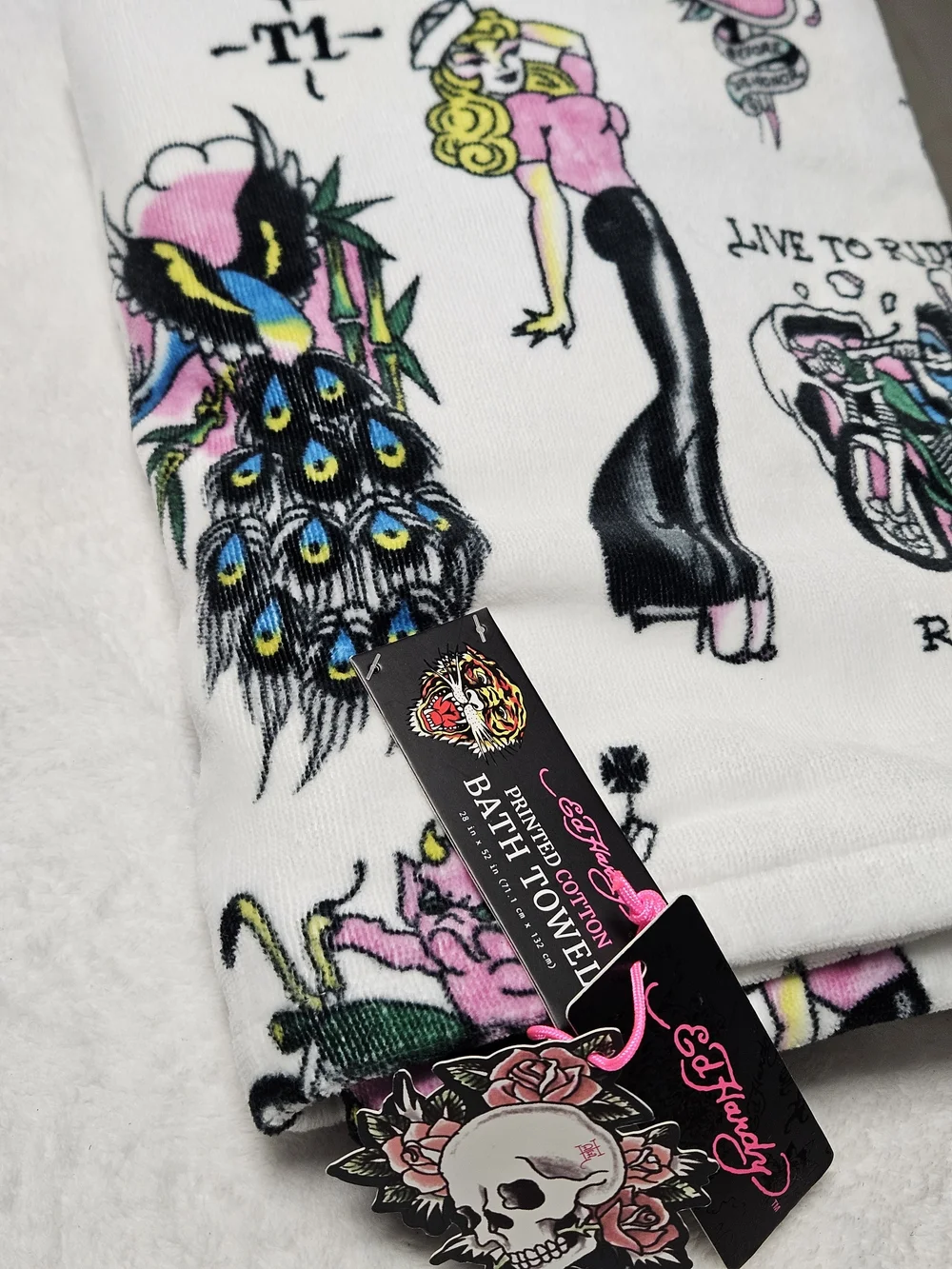 Ed Hardy 1 Bath Towel White with Pink & Black Tattoo Peacock Woman Biker Print